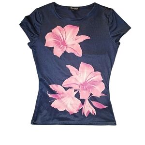 Forever 21 Dark Blue Top with Pink Floral Design